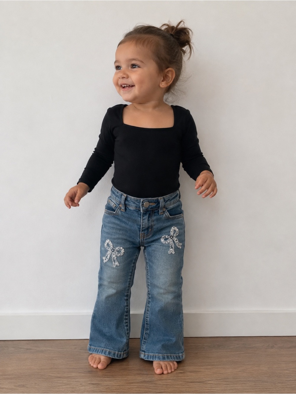wonder nation Blue Denim Bootcut Jeans with Bow Embroidery